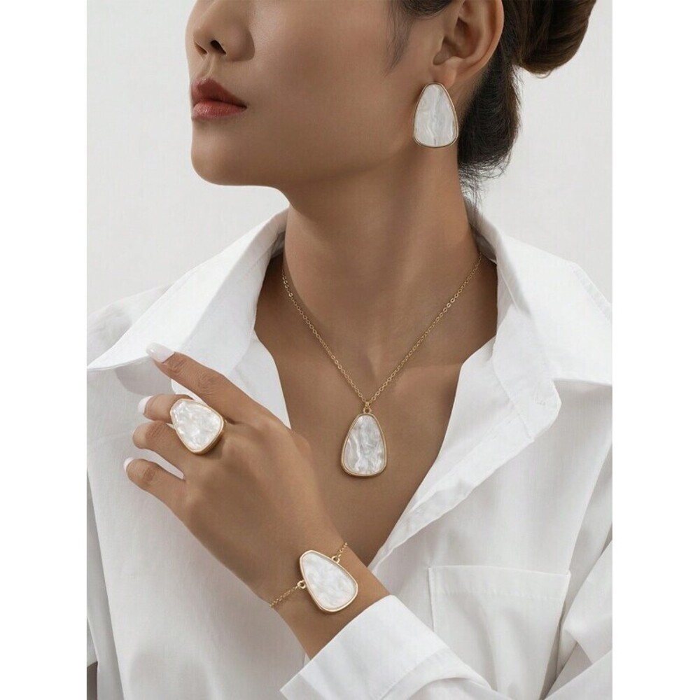 White Jewelry: 1 Asymmetrical Geometric Pendant Necklace, 1 Bracelet Minimalist